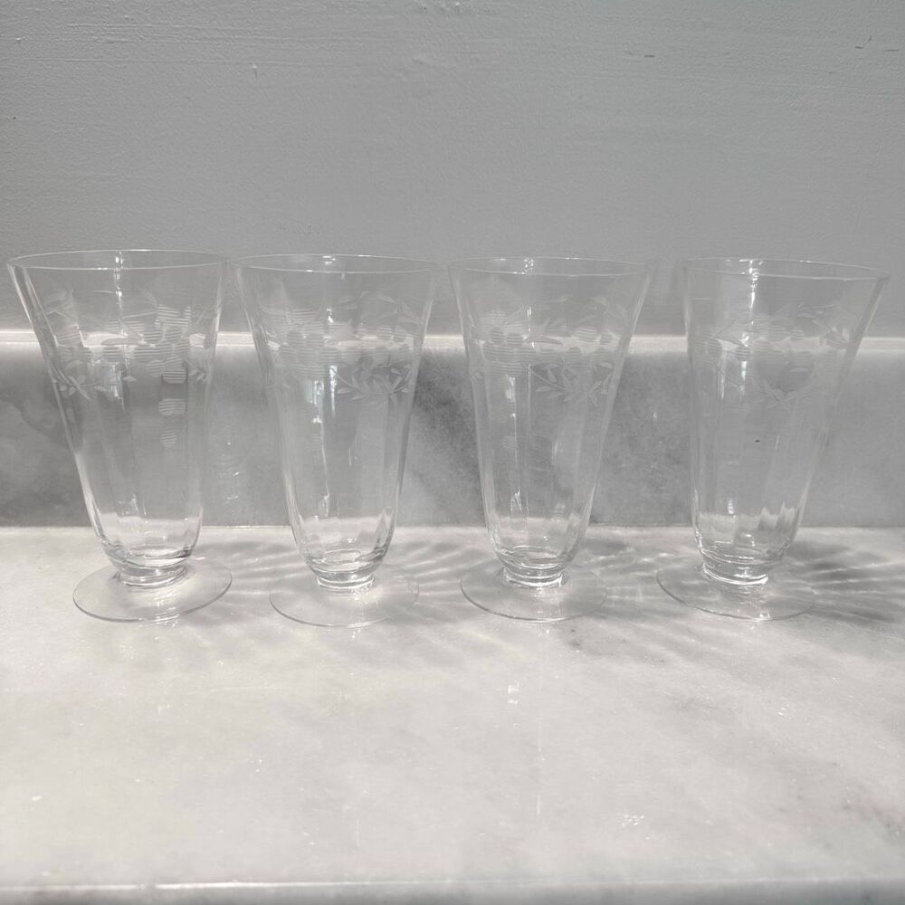Lot of 4 Antique Clear Etched Flower Design Footed Crystal Pilsner Beer Glasses